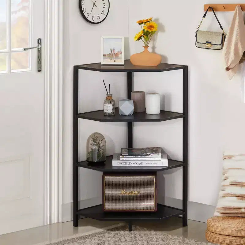 Étagère d'angle, étagères de présentation à 4 niveaux, support de rangement en bois avec cadre métallique pour petit espace, noir/marron/blanc/gris/doré