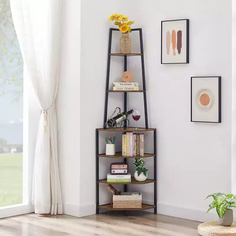 Étagère d'angle, étagères de présentation à 4 niveaux, support de rangement en bois avec cadre métallique pour petit espace, noir/marron/blanc/gris/doré
