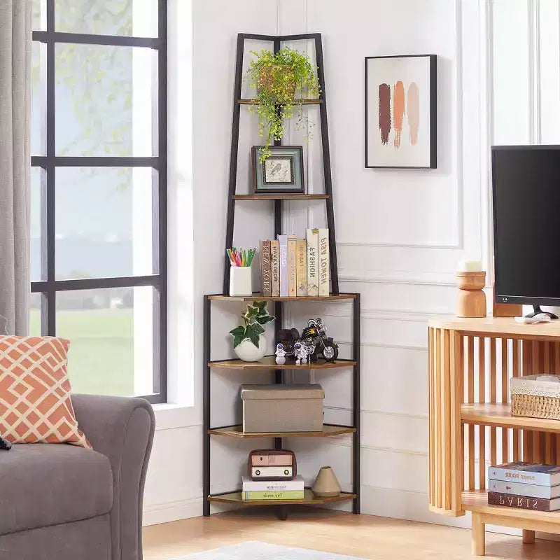 Étagère d'angle, étagères de présentation à 4 niveaux, support de rangement en bois avec cadre métallique pour petit espace, noir/marron/blanc/gris/doré