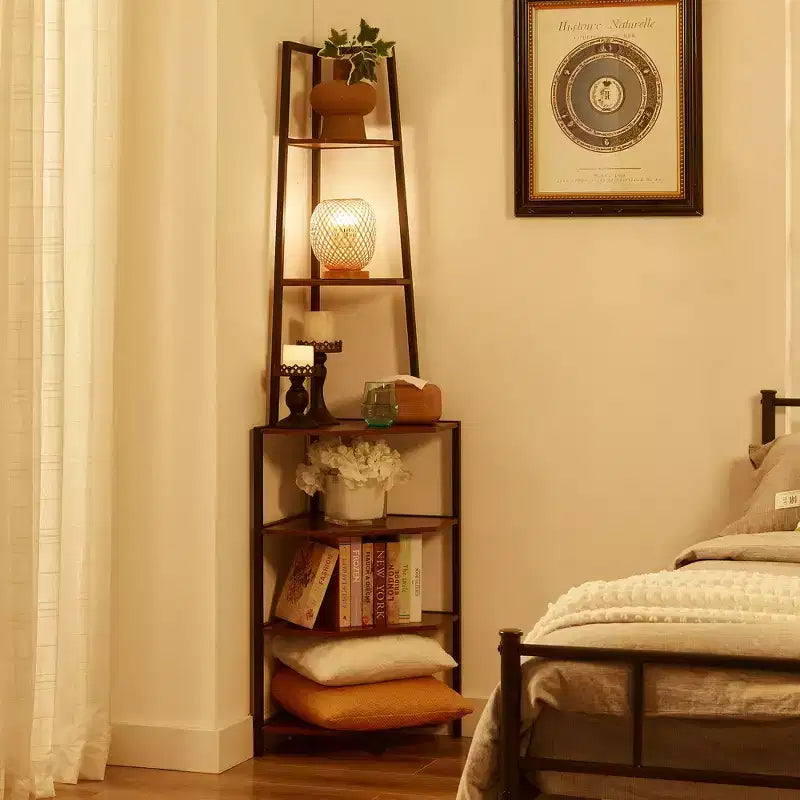 Étagère d'angle, étagères de présentation à 4 niveaux, support de rangement en bois avec cadre métallique pour petit espace, noir/marron/blanc/gris/doré