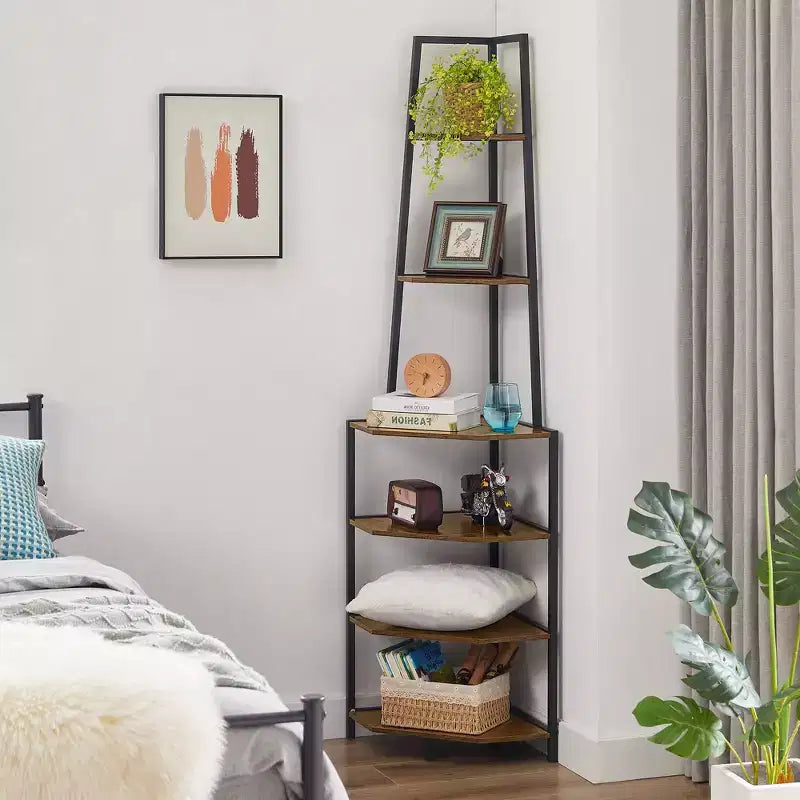 Étagère d'angle, étagères de présentation à 4 niveaux, support de rangement en bois avec cadre métallique pour petit espace, noir/marron/blanc/gris/doré
