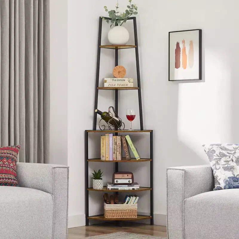 Étagère d'angle, étagères de présentation à 4 niveaux, support de rangement en bois avec cadre métallique pour petit espace, noir/marron/blanc/gris/doré