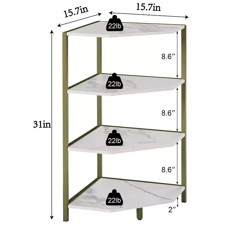 Étagère d'angle, étagères de présentation à 4 niveaux, support de rangement en bois avec cadre métallique pour petit espace, noir/marron/blanc/gris/doré