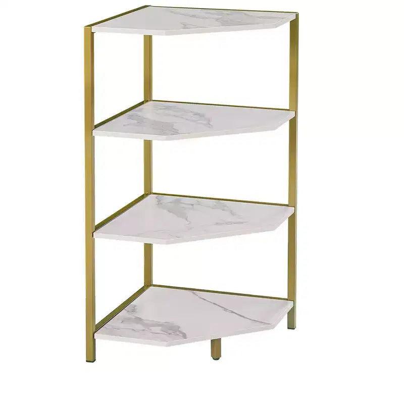 Étagère d'angle, étagères de présentation à 4 niveaux, support de rangement en bois avec cadre métallique pour petit espace, noir/marron/blanc/gris/doré