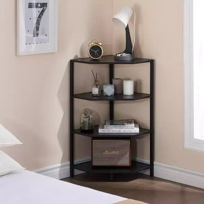 Étagère d'angle, étagères de présentation à 4 niveaux, support de rangement en bois avec cadre métallique pour petit espace, noir/marron/blanc/gris/doré