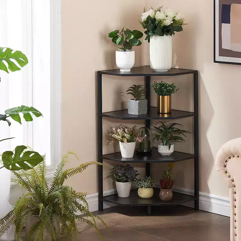 Étagère d'angle, étagères de présentation à 4 niveaux, support de rangement en bois avec cadre métallique pour petit espace, noir/marron/blanc/gris/doré