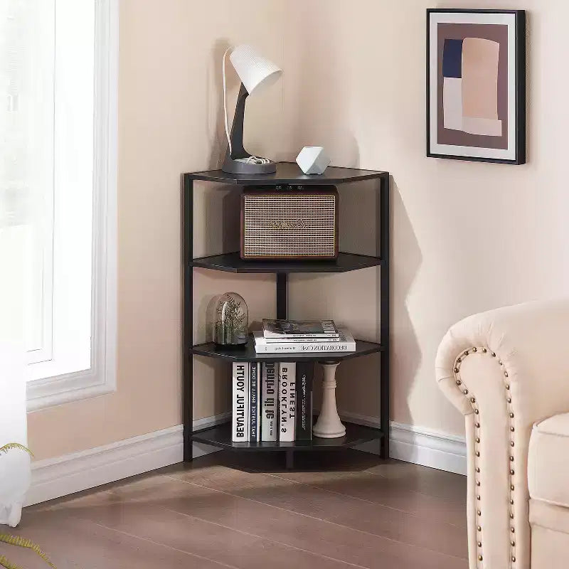 Étagère d'angle, étagères de présentation à 4 niveaux, support de rangement en bois avec cadre métallique pour petit espace, noir/marron/blanc/gris/doré