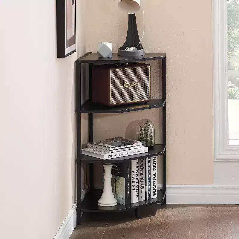 Étagère d'angle, étagères de présentation à 4 niveaux, support de rangement en bois avec cadre métallique pour petit espace, noir/marron/blanc/gris/doré
