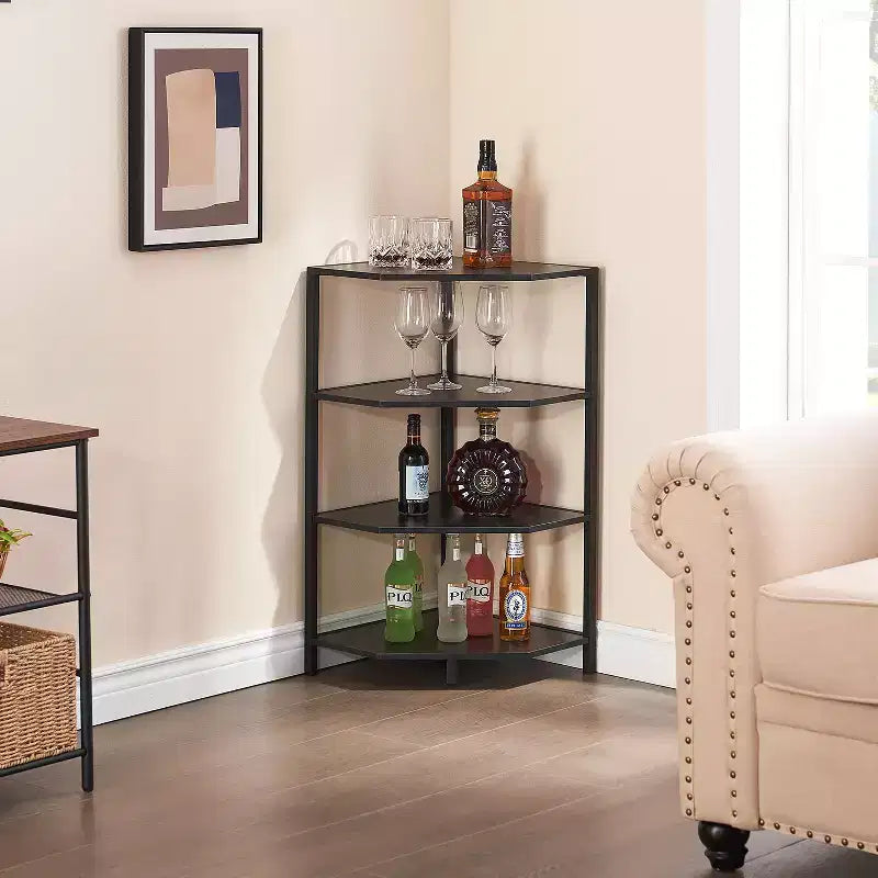 Étagère d'angle, étagères de présentation à 4 niveaux, support de rangement en bois avec cadre métallique pour petit espace, noir/marron/blanc/gris/doré