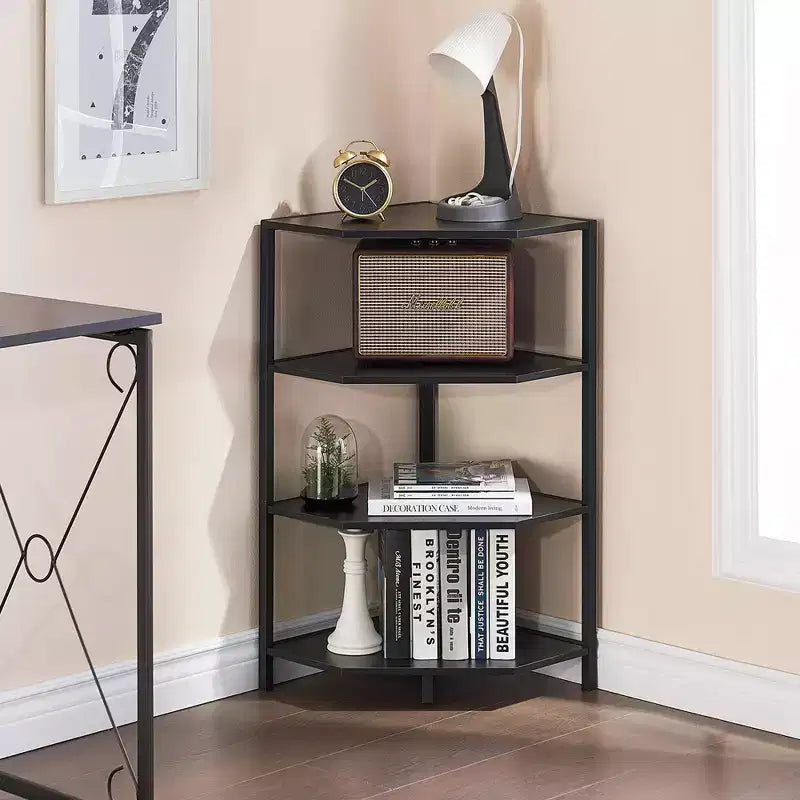 Étagère d'angle, étagères de présentation à 4 niveaux, support de rangement en bois avec cadre métallique pour petit espace, noir/marron/blanc/gris/doré