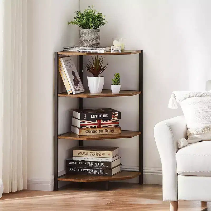 Étagère d'angle, étagères de présentation à 4 niveaux, support de rangement en bois avec cadre métallique pour petit espace, noir/marron/blanc/gris/doré