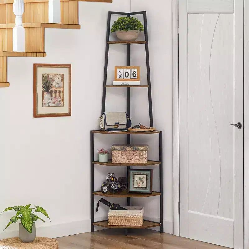 Étagère d'angle, étagères de présentation à 4 niveaux, support de rangement en bois avec cadre métallique pour petit espace, noir/marron/blanc/gris/doré