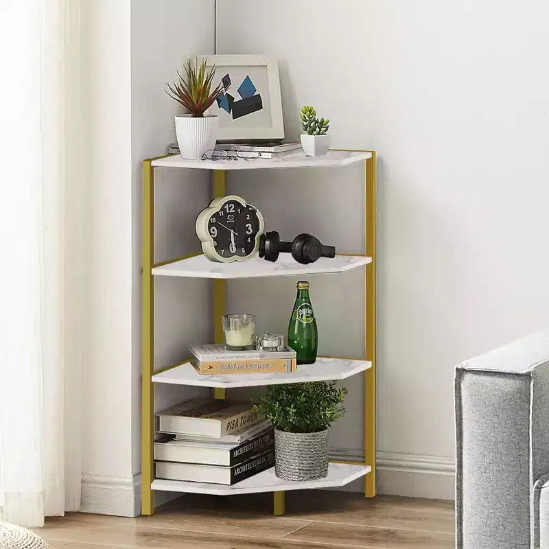 Étagère d'angle, étagères de présentation à 4 niveaux, support de rangement en bois avec cadre métallique pour petit espace, noir/marron/blanc/gris/doré