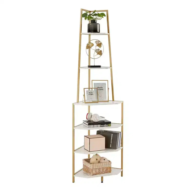 Étagère d'angle, étagères de présentation à 4 niveaux, support de rangement en bois avec cadre métallique pour petit espace, noir/marron/blanc/gris/doré
