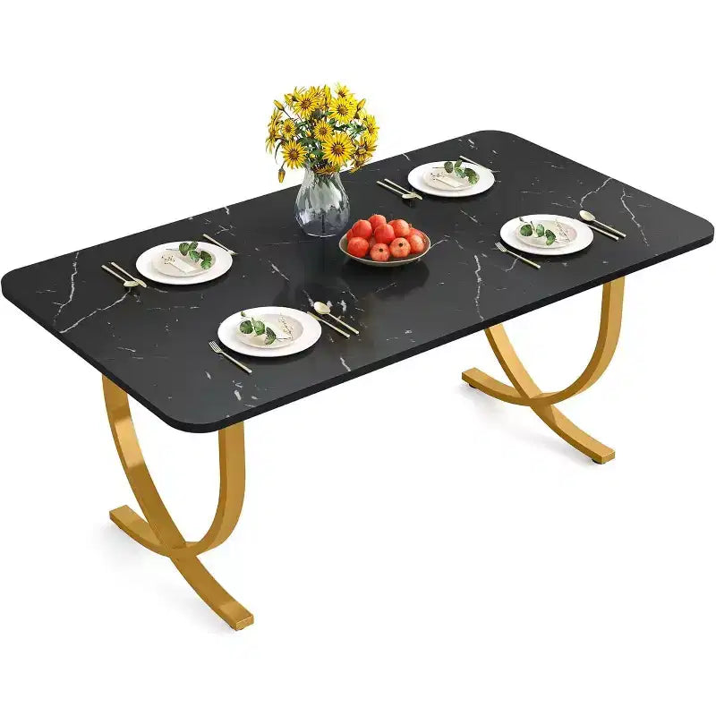 Lantine Rectangular Dining Table for 4, 63 Inches Modern Kitchen Table with Faux Marble Table Top and Metal Legs