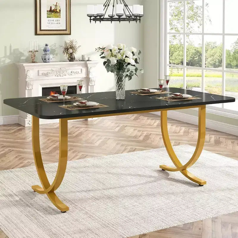 Table à manger rectangulaire pour 4 personnes, table de cuisine moderne de 63 pouces avec plateau en faux marbre et pieds en métal