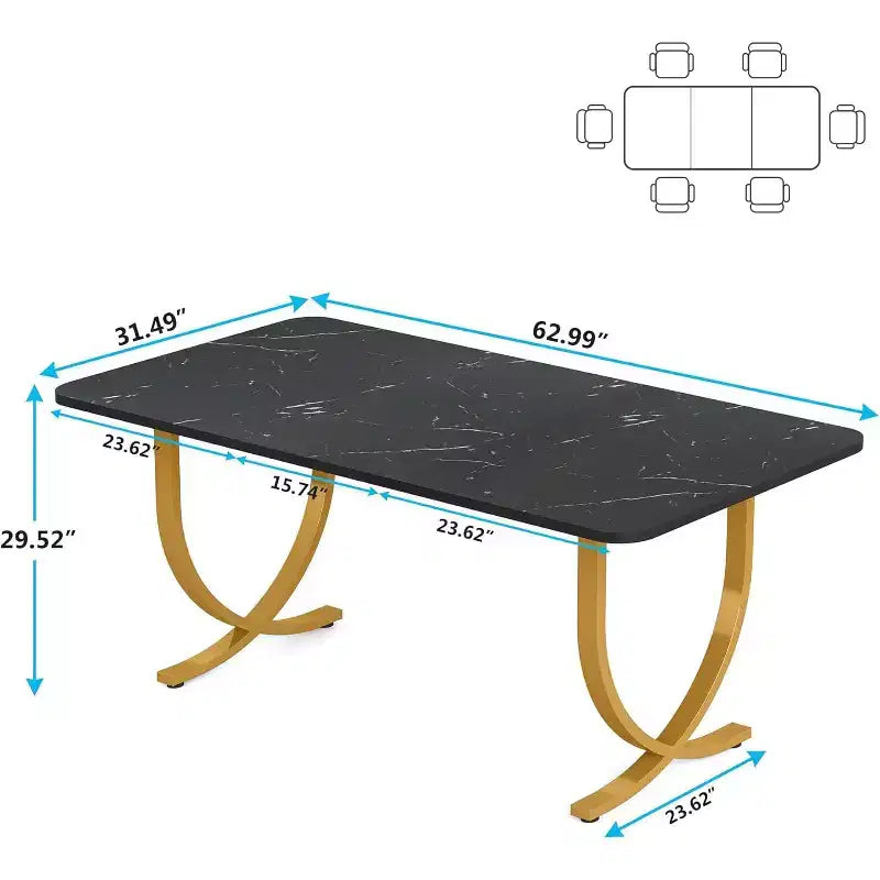 Table à manger rectangulaire pour 4 personnes, table de cuisine moderne de 63 pouces avec plateau en faux marbre et pieds en métal