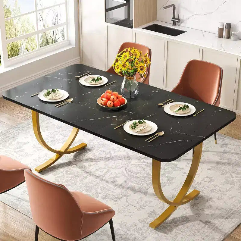 Table à manger rectangulaire pour 4 personnes, table de cuisine moderne de 63 pouces avec plateau en faux marbre et pieds en métal