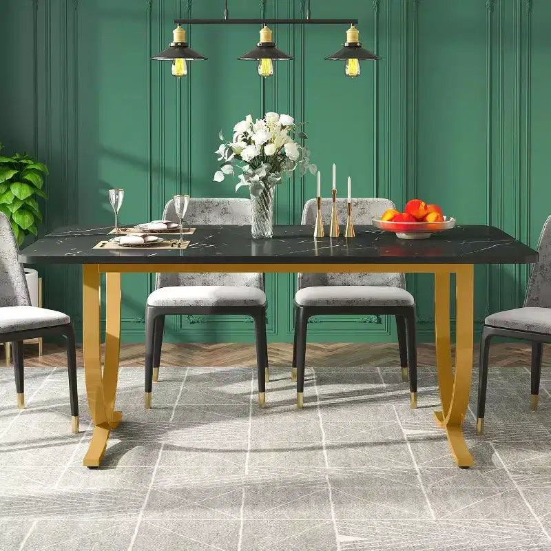 Table à manger rectangulaire pour 4 personnes, table de cuisine moderne de 63 pouces avec plateau en faux marbre et pieds en métal