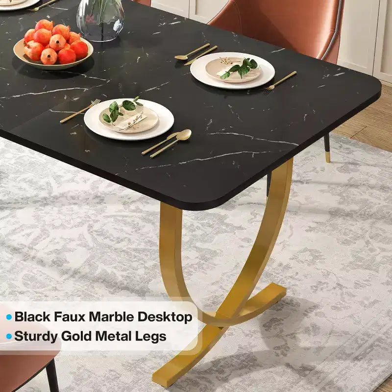 Table à manger rectangulaire pour 4 personnes, table de cuisine moderne de 63 pouces avec plateau en faux marbre et pieds en métal
