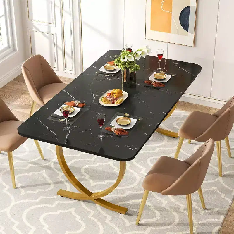 Table à manger rectangulaire pour 4 personnes, table de cuisine moderne de 63 pouces avec plateau en faux marbre et pieds en métal