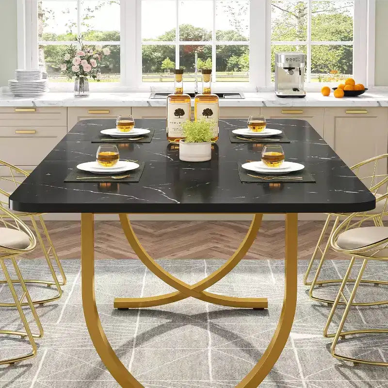Table à manger rectangulaire pour 4 personnes, table de cuisine moderne de 63 pouces avec plateau en faux marbre et pieds en métal