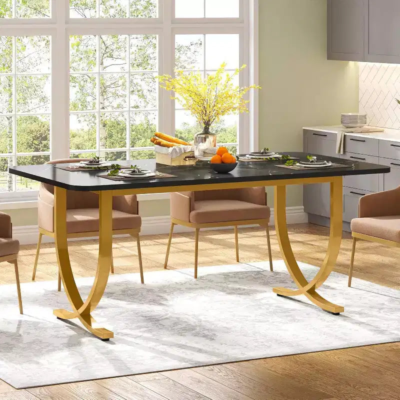 Table à manger rectangulaire pour 4 personnes, table de cuisine moderne de 63 pouces avec plateau en faux marbre et pieds en métal