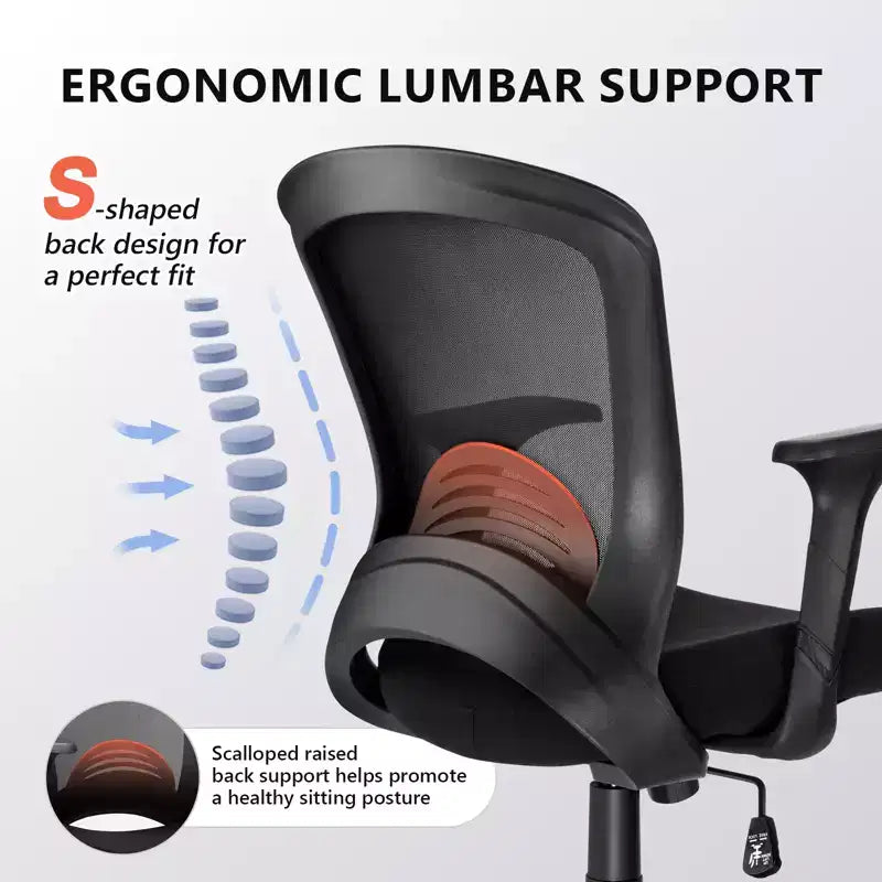 Chaise de bureau ergonomique en maille, capacité 150 kg, fauteuil de bureau avec support lombaire intégré, assise en mousse haute densité, piétement cinq branches