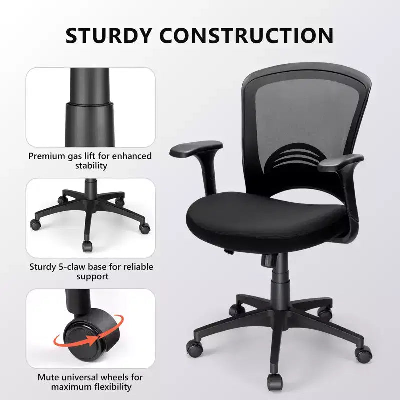 Chaise de bureau ergonomique en maille, capacité 150 kg, fauteuil de bureau avec support lombaire intégré, assise en mousse haute densité, piétement cinq branches