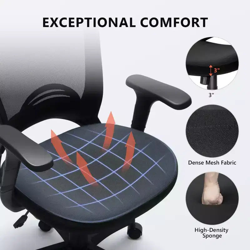Chaise de bureau ergonomique en maille, capacité 150 kg, fauteuil de bureau avec support lombaire intégré, assise en mousse haute densité, piétement cinq branches