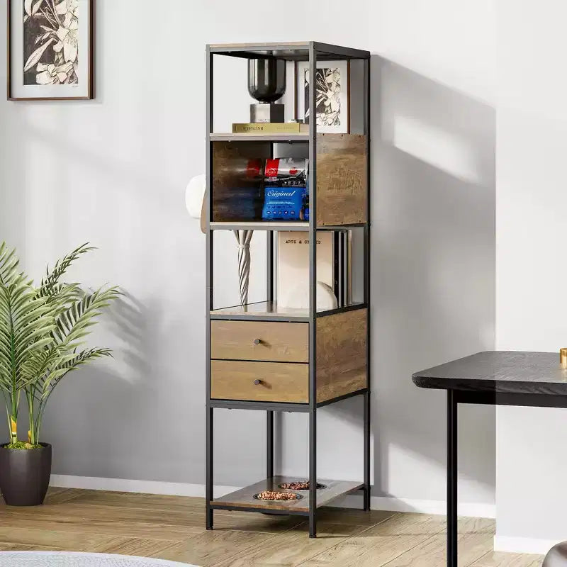 Heynemo Industrial Bookshelf, Standing Display Shelf with 2 Dog Bowls, Metal and Wood Bookshelf, Dog Feeder Station with Shelves