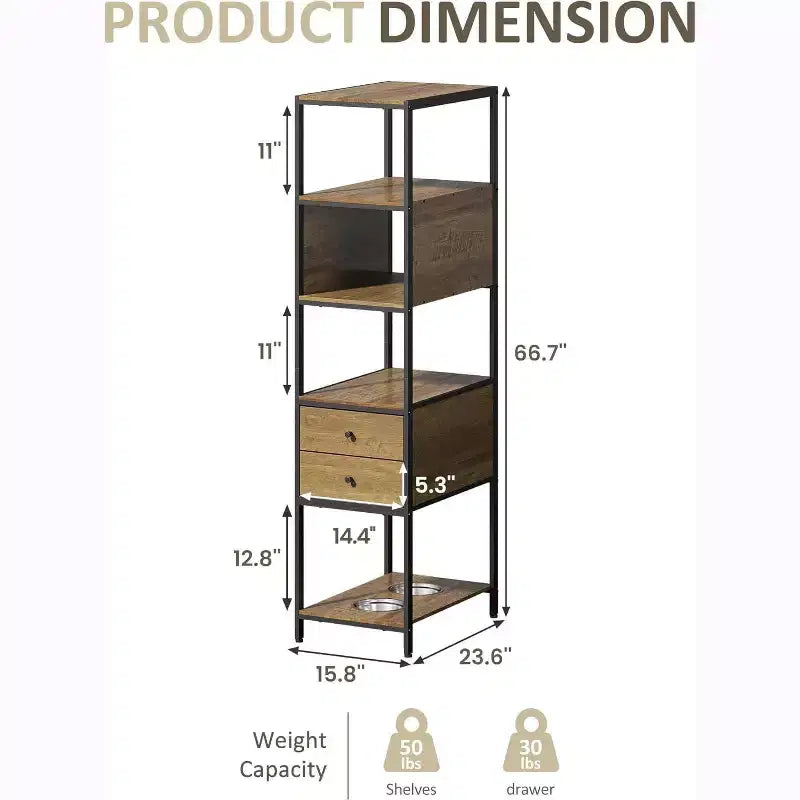 Étagère industrielle, étagère de présentation verticale avec 2 gamelles pour chien, étagère en métal et bois, station d'alimentation pour chien avec étagères