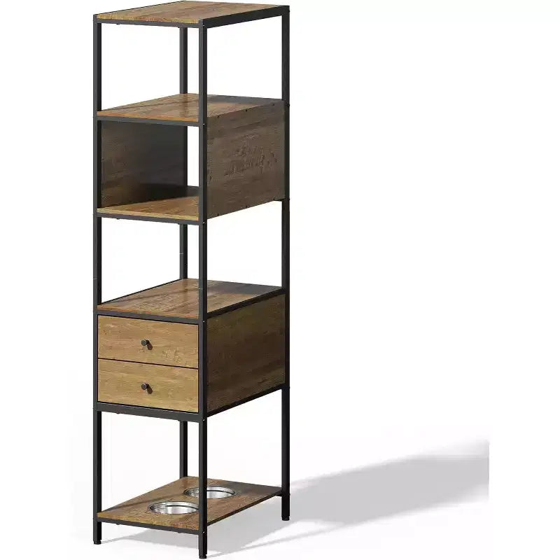 Étagère industrielle, étagère de présentation verticale avec 2 gamelles pour chien, étagère en métal et bois, station d'alimentation pour chien avec étagères