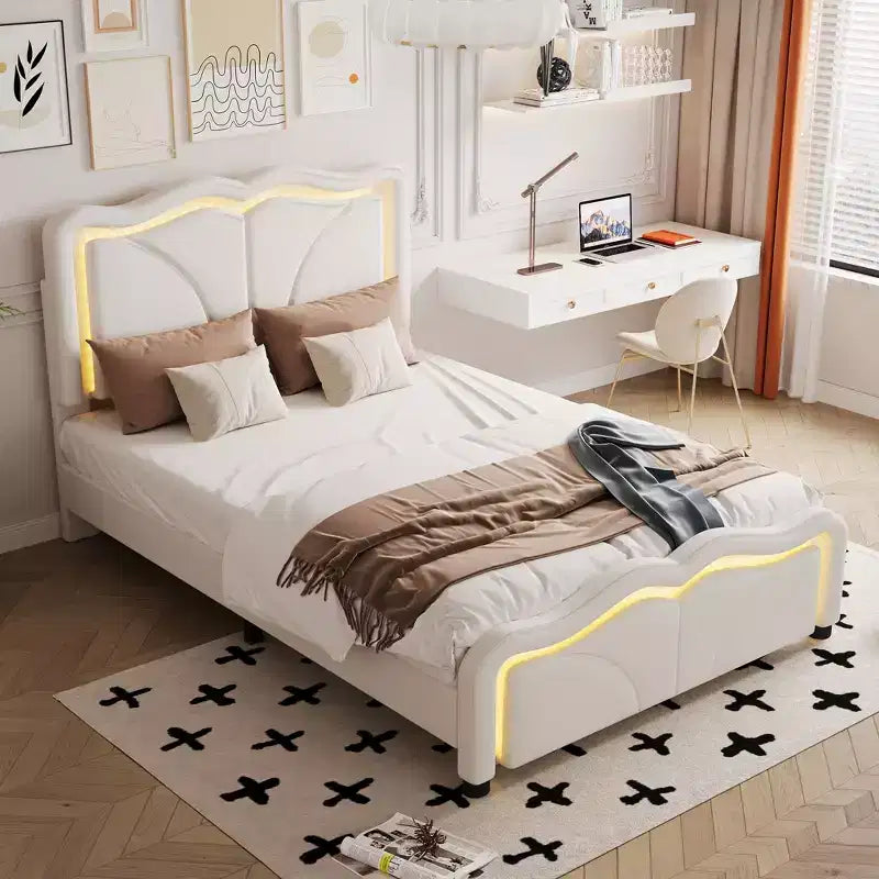 Lit plateforme tapissé double/grand format avec tête de lit incurvée et réglable en hauteur, bandes lumineuses LED, en PU, blanc/rose