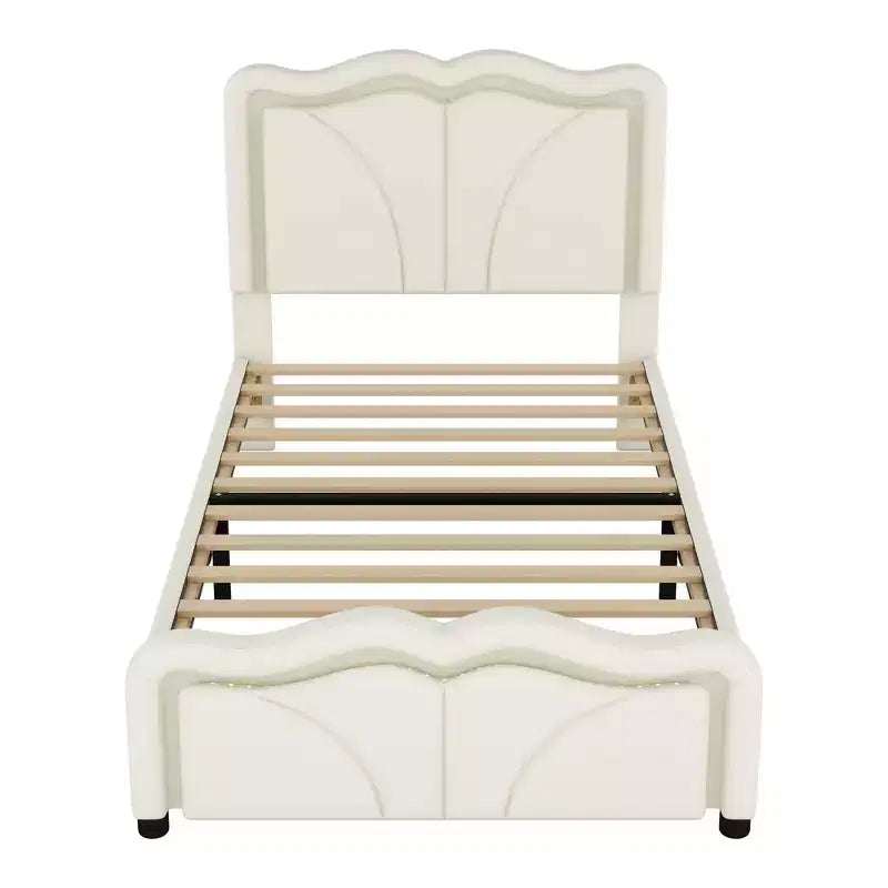 Lit plateforme tapissé double/grand format avec tête de lit incurvée et réglable en hauteur, bandes lumineuses LED, en PU, blanc/rose
