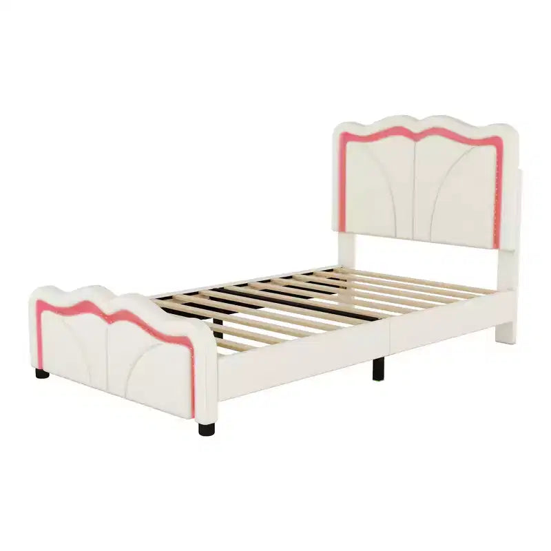 Lit plateforme tapissé double/grand format avec tête de lit incurvée et réglable en hauteur, bandes lumineuses LED, en PU, blanc/rose