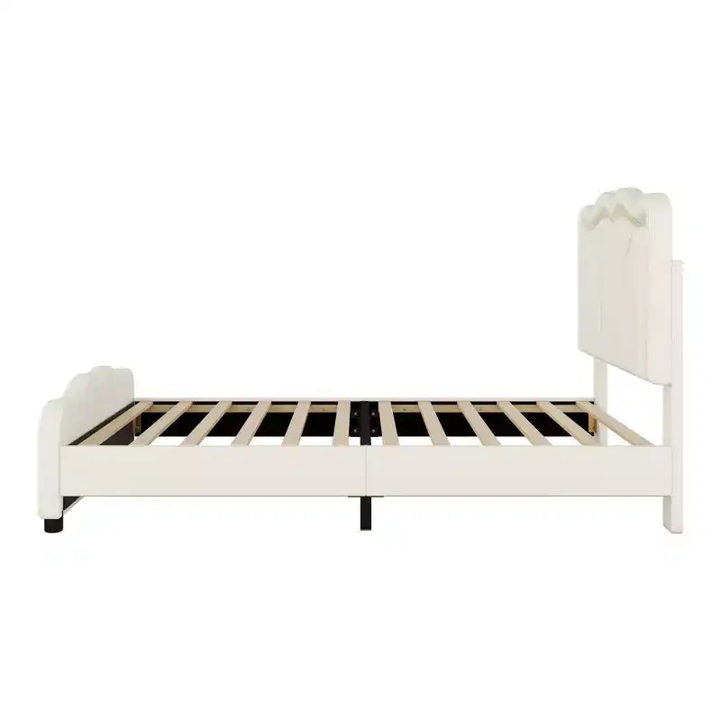 Lit plateforme tapissé double/grand format avec tête de lit incurvée et réglable en hauteur, bandes lumineuses LED, en PU, blanc/rose