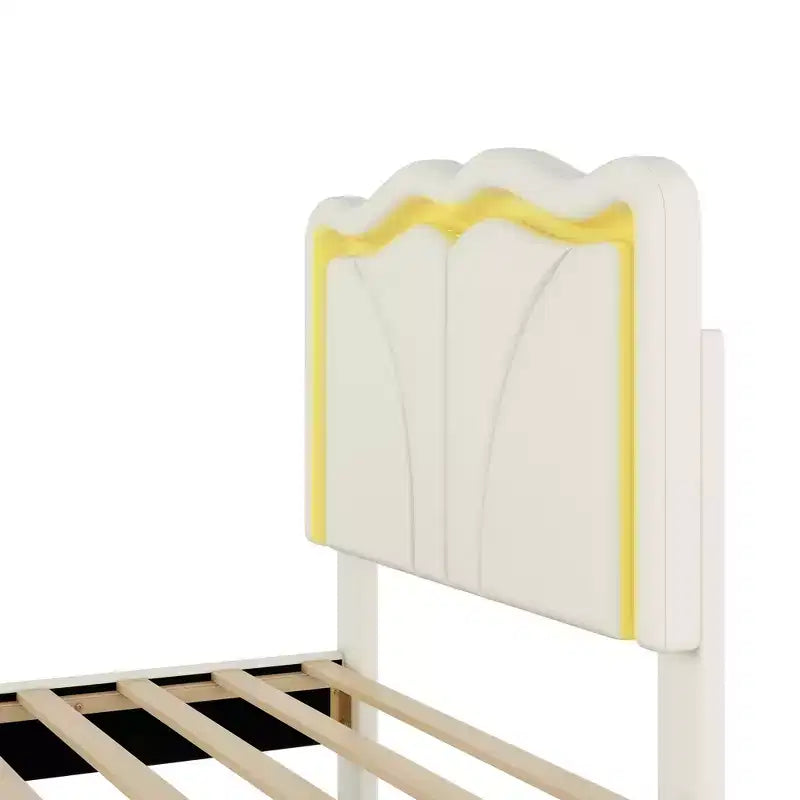 Lit plateforme tapissé double/grand format avec tête de lit incurvée et réglable en hauteur, bandes lumineuses LED, en PU, blanc/rose