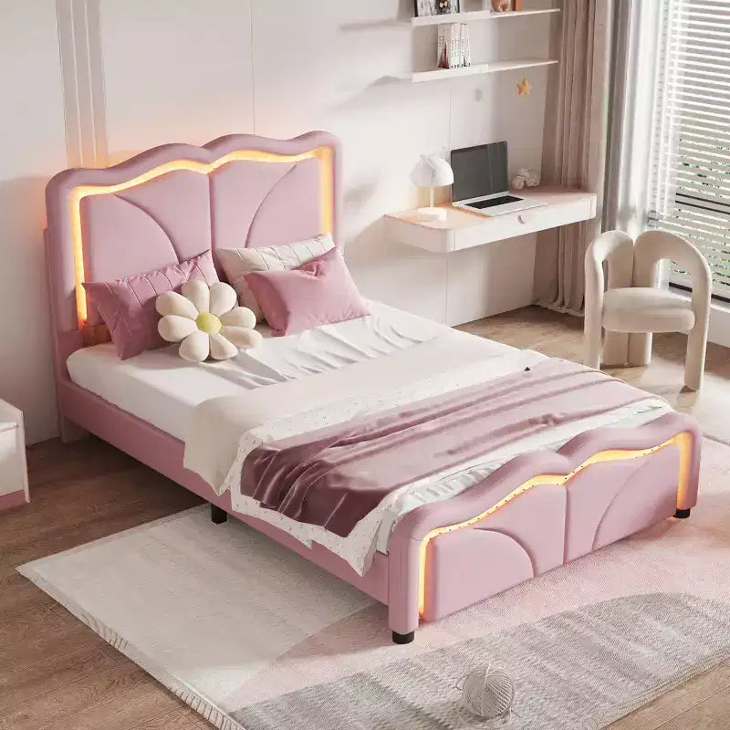 Lit plateforme tapissé double/grand format avec tête de lit incurvée et réglable en hauteur, bandes lumineuses LED, en PU, blanc/rose