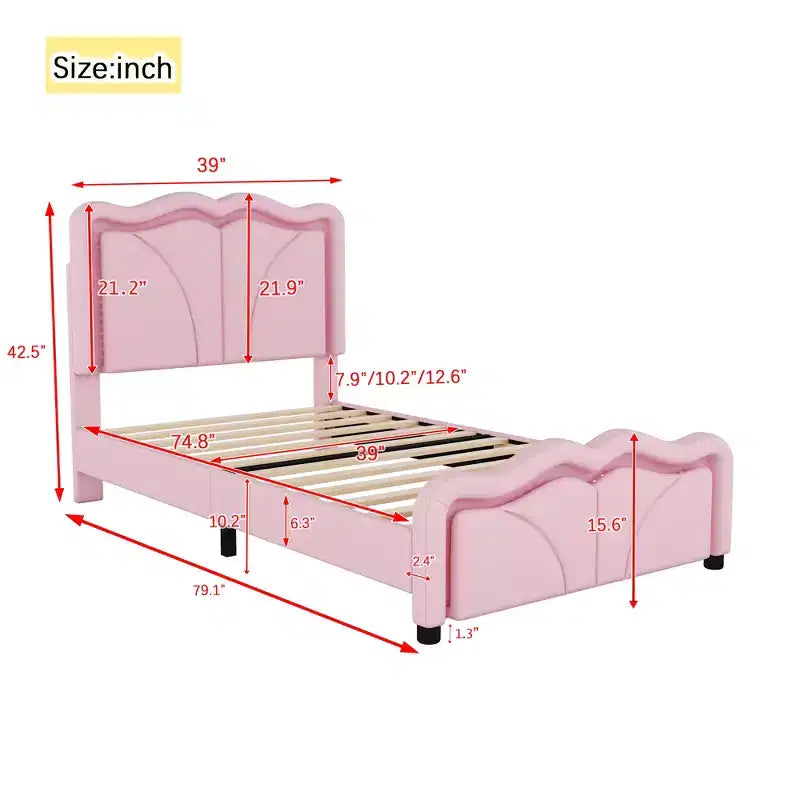 Lit plateforme tapissé double/grand format avec tête de lit incurvée et réglable en hauteur, bandes lumineuses LED, en PU, blanc/rose