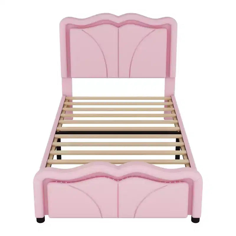 Lit plateforme tapissé double/grand format avec tête de lit incurvée et réglable en hauteur, bandes lumineuses LED, en PU, blanc/rose
