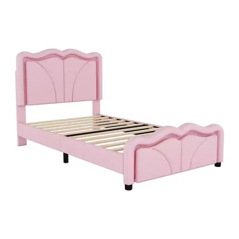 Lit plateforme tapissé double/grand format avec tête de lit incurvée et réglable en hauteur, bandes lumineuses LED, en PU, blanc/rose
