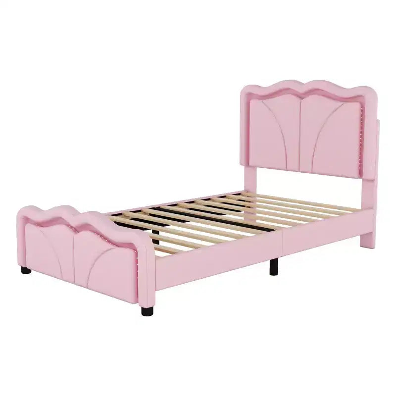 Lit plateforme tapissé double/grand format avec tête de lit incurvée et réglable en hauteur, bandes lumineuses LED, en PU, blanc/rose