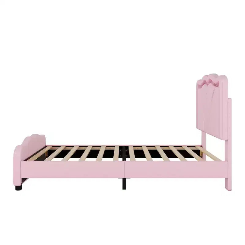 Lit plateforme tapissé double/grand format avec tête de lit incurvée et réglable en hauteur, bandes lumineuses LED, en PU, blanc/rose