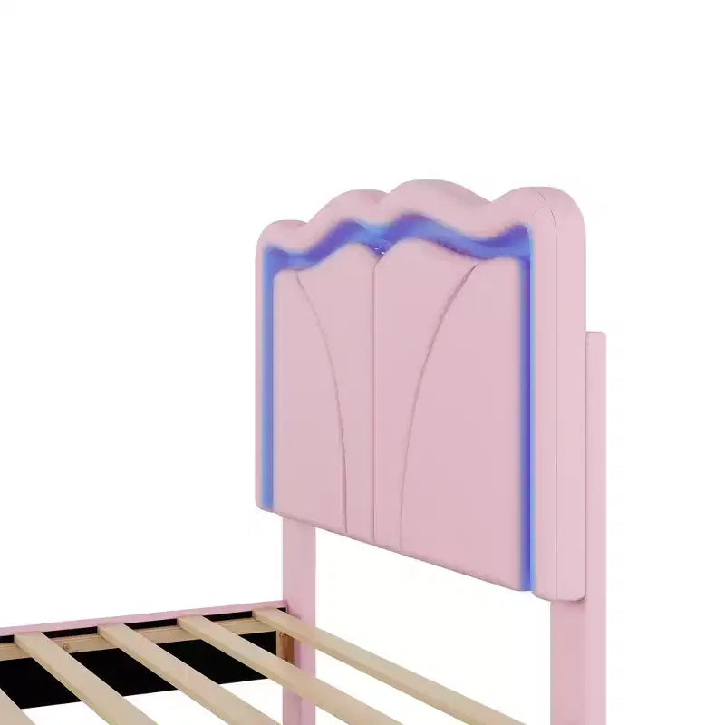 Lit plateforme tapissé double/grand format avec tête de lit incurvée et réglable en hauteur, bandes lumineuses LED, en PU, blanc/rose
