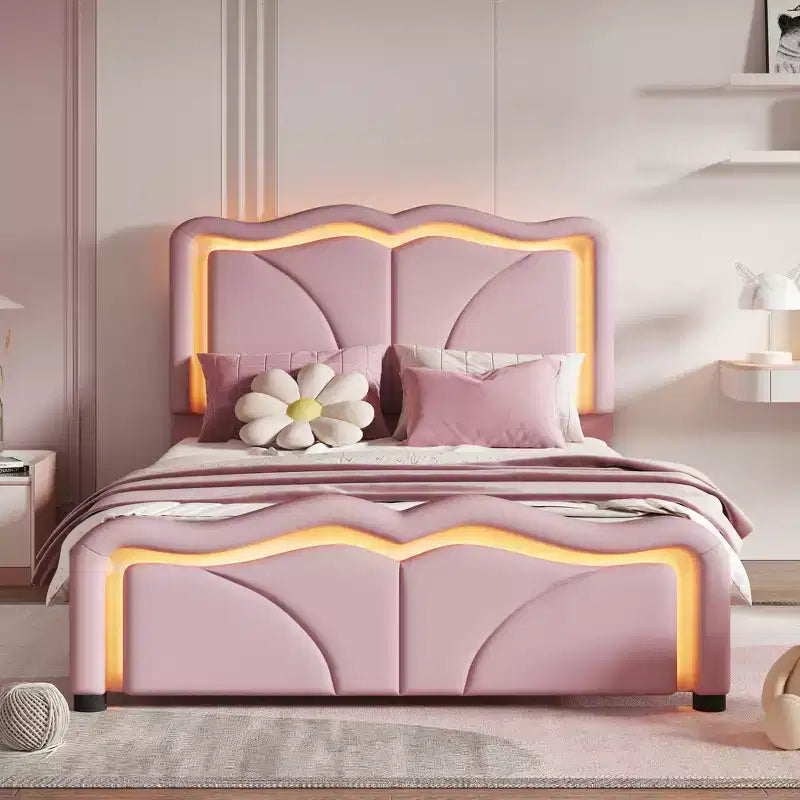 Twin/Full Size Upholstered Platform Bed with Curve Shaped and Height-adjustbale Headboard, LED Light Strips, PU, White/Pink-ModernLuxe