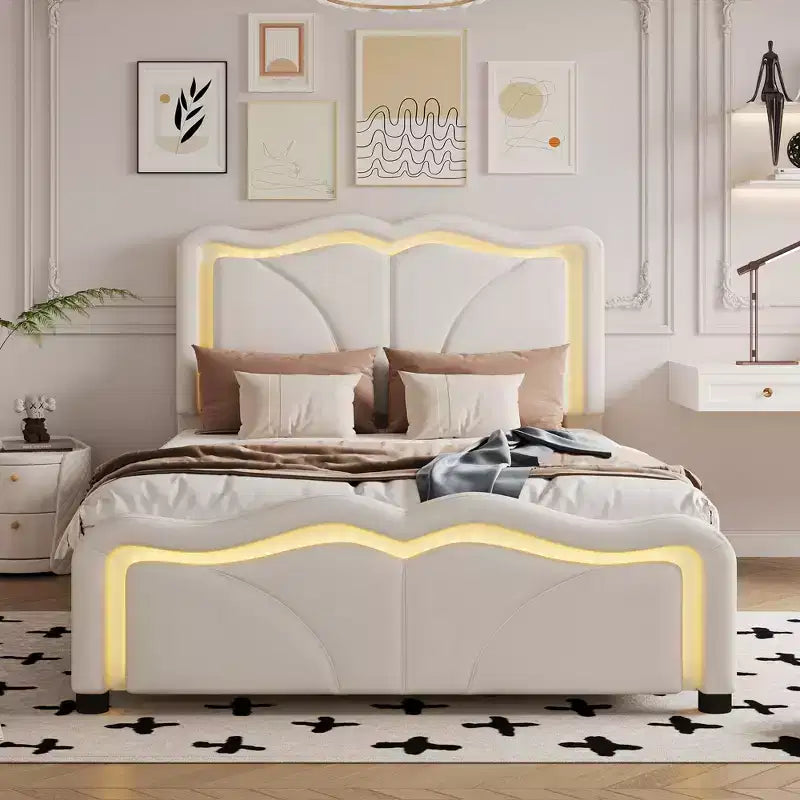 Lit plateforme tapissé double/grand format avec tête de lit incurvée et réglable en hauteur, bandes lumineuses LED, en PU, blanc/rose
