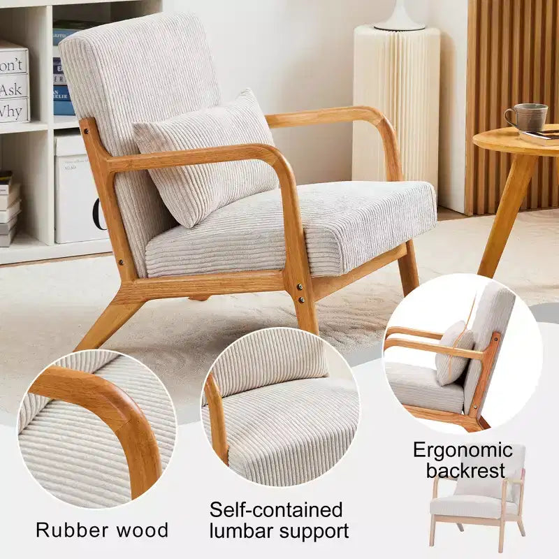 Fauteuil rembourré en bois massif de style Mid-Century avec coussin