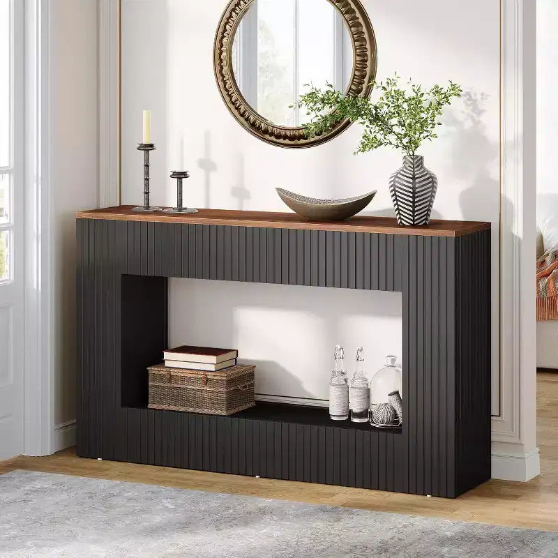 Console moderne, table d'entrée en bois de 140 cm avec rangement, table basse étroite et longue