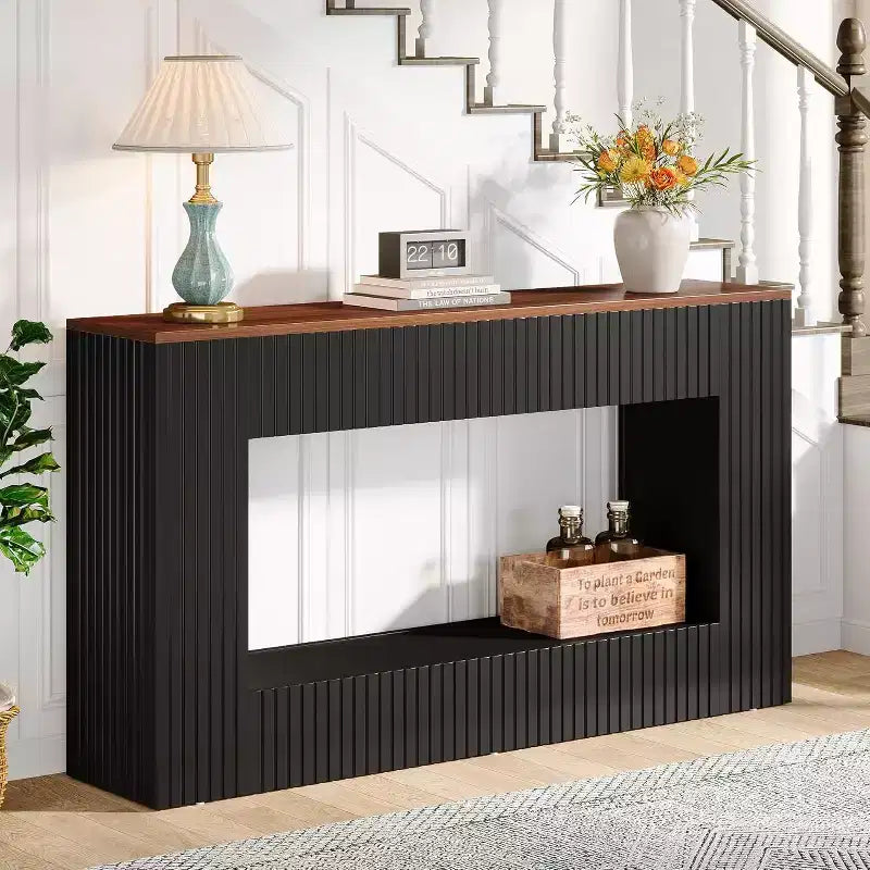 Console moderne, table d'entrée en bois de 140 cm avec rangement, table basse étroite et longue